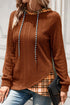 Plaid Patchwork Ribbed Knit Asymmetric Hem Hooded Top